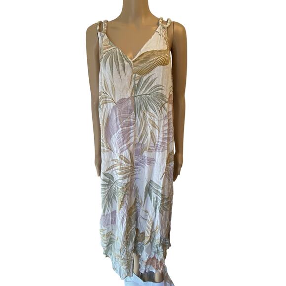TAHARI SWIM COVER-UP DRESS XL Linen Viscose Tropical Print Braids Strap Sleeves - Picture 1 of 9